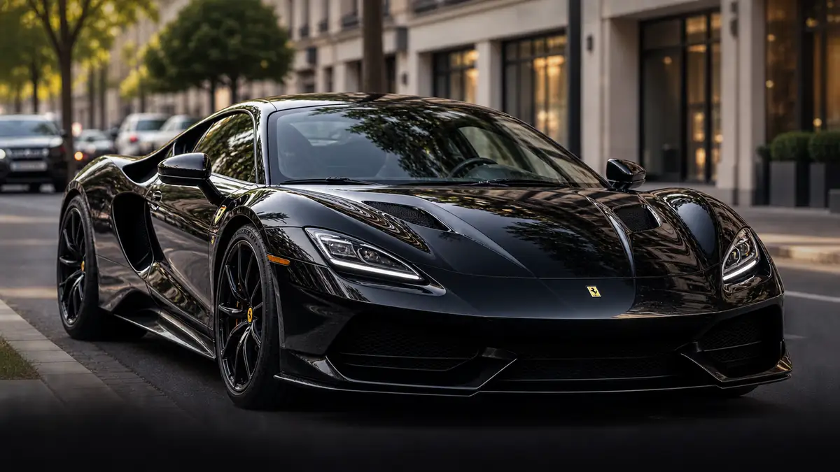 A black supercar photographed from a low front three-quarter angle on a city street.