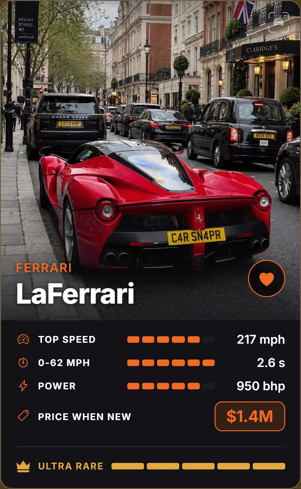 The LaFerrari card on its own: top speed 217 mph, 0-62 mph in 2.6 seconds, 950 bhp, price when new $1.4M, Ultra Rare.