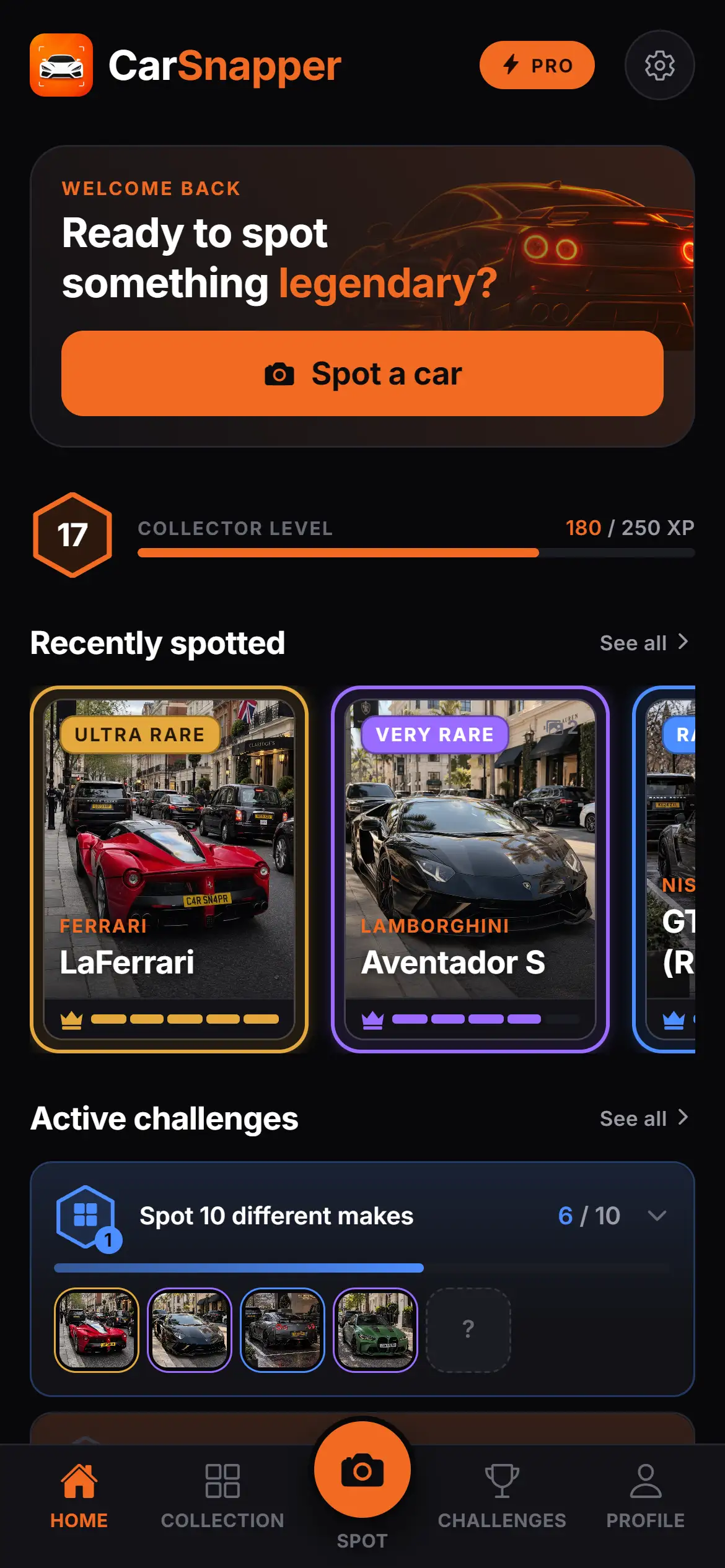 The CarSnapper home screen: collector level 17, recently spotted cards for a LaFerrari and a Lamborghini Aventador S, and a challenge in progress.