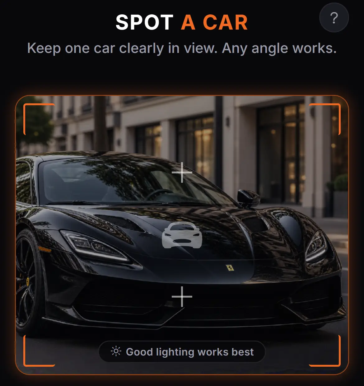The Spot screen in CarSnapper, with a black supercar framed in the viewfinder.